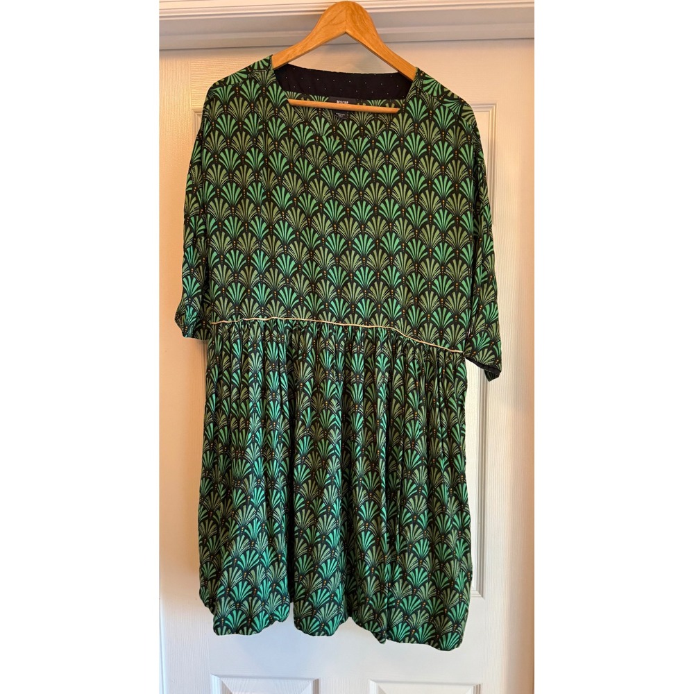 Maeve Babydoll Dress Women Medium Green Art Deco Fan Print Short Sleeve Mini